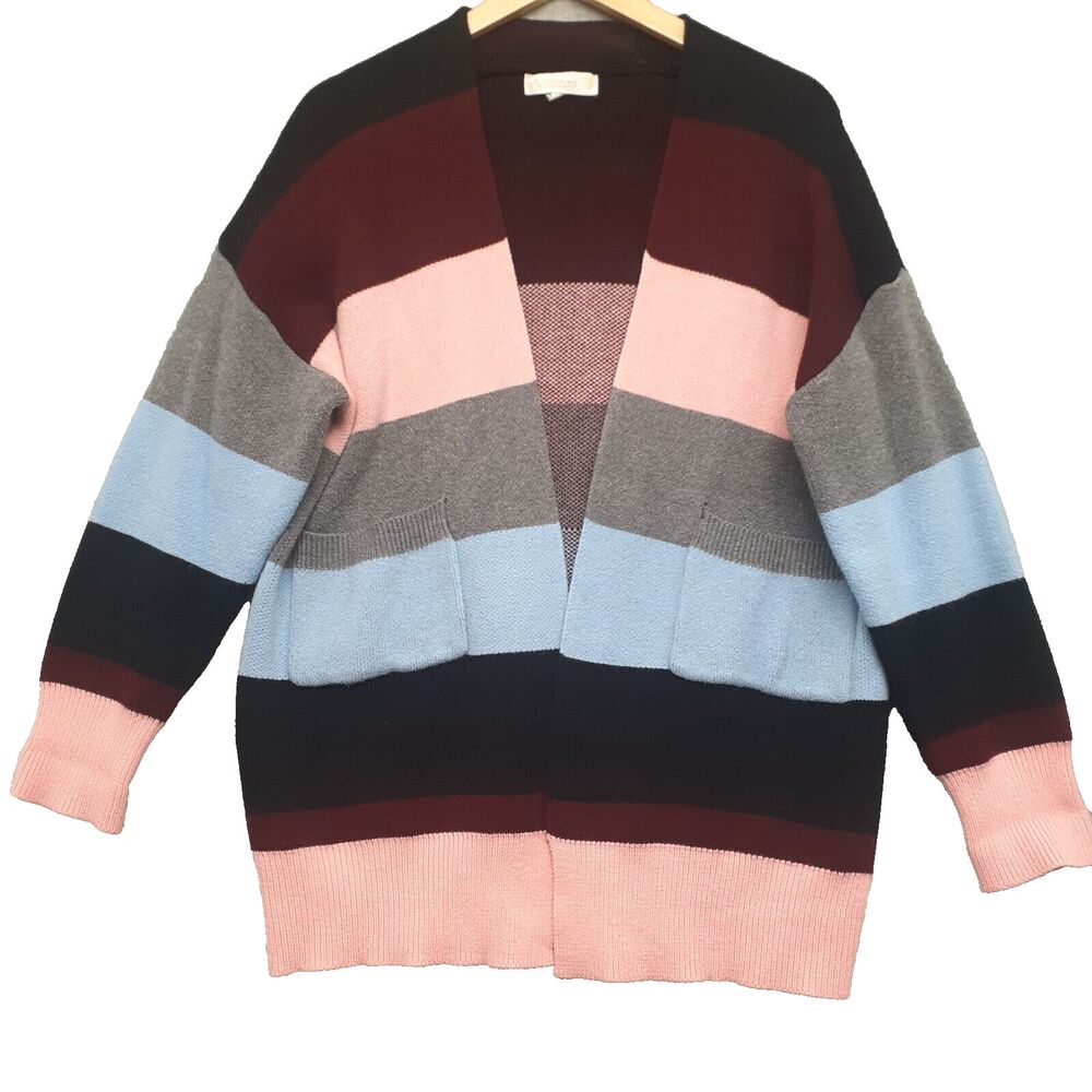 Weekend Suzanne Betro Women Sz L/XL Open Front Blue Pink Gray Striped Cardigan